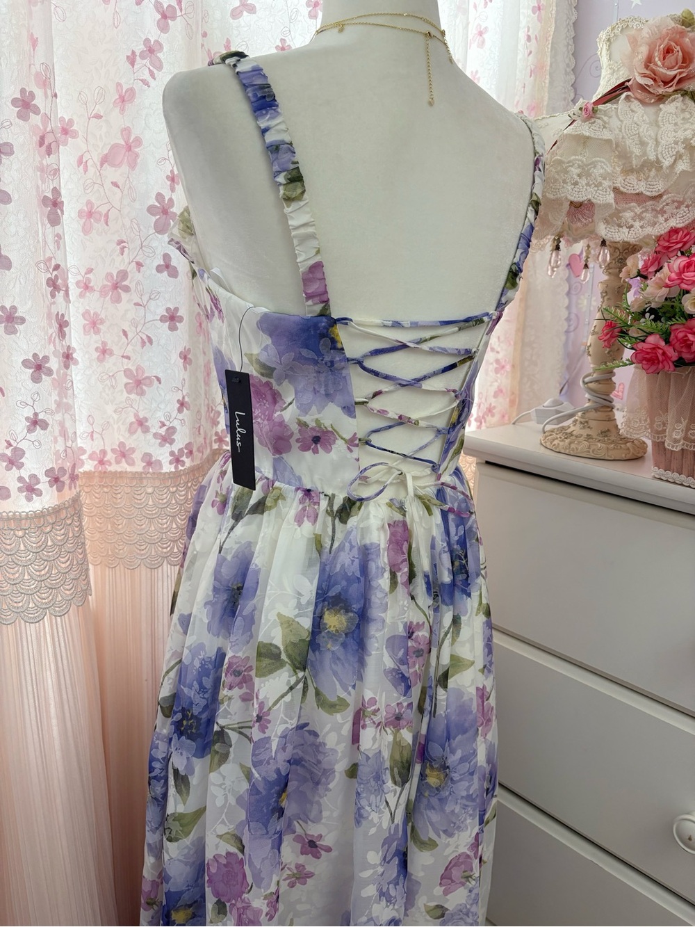 Lulus Hillela Ivory Floral Ruffled Lace-Up Midi Skater Dress - Picture 7 of 9